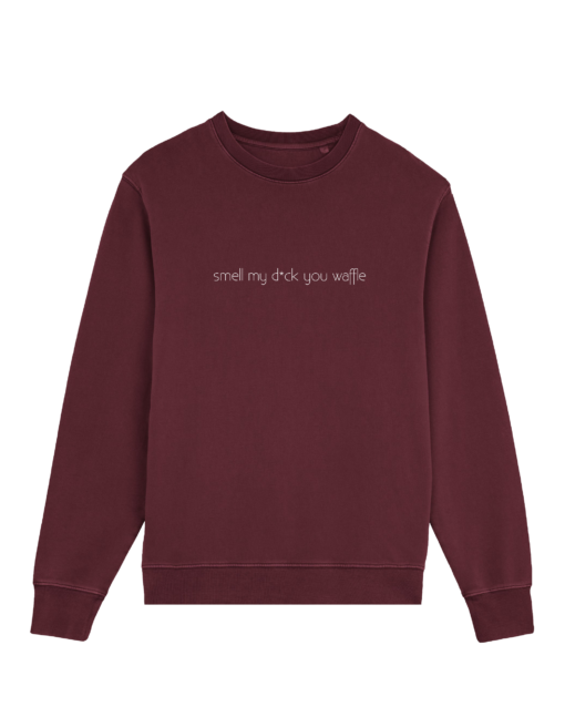 Burgundy spalvos džemperis <br/> "Smell my d*ck you waffle"