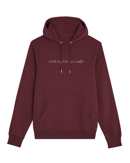 Burgundy spalvos džemperis su gobtuvu <br/> "Smell my d*ck you waffle"