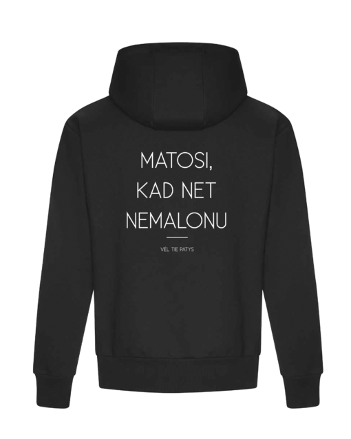 Juodas džemperis su užrašu nugaroje <br/> "Matosi, kad net nemalonu"