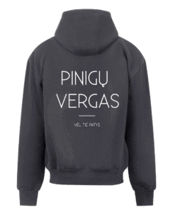 Tamsiai pilkas džemperis su užtrauktuku <br/> "pinigų vergas"